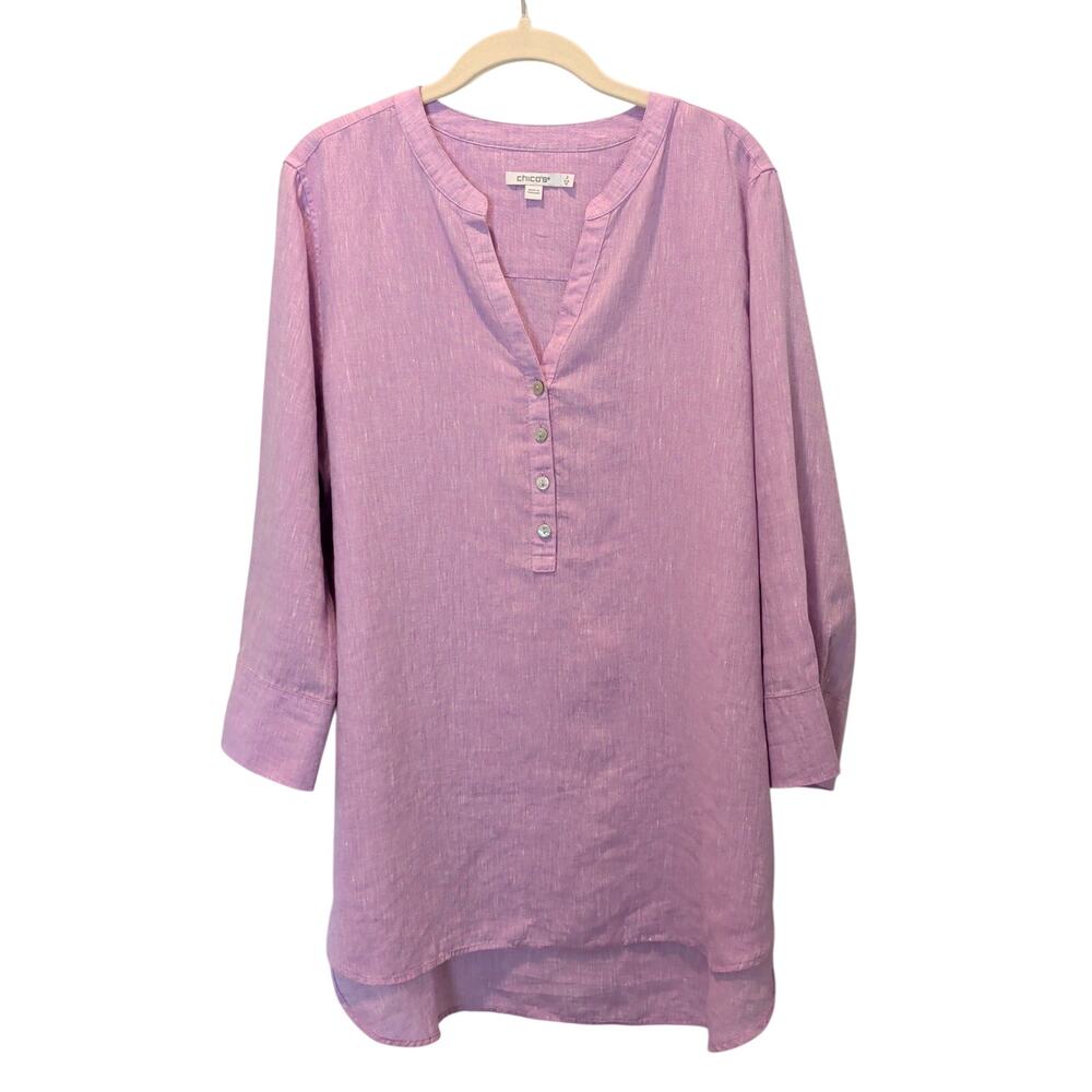 Chicos Sz 2 (US 12) Purple 100% Linen Popover Tunic V Neckline Lagenlook